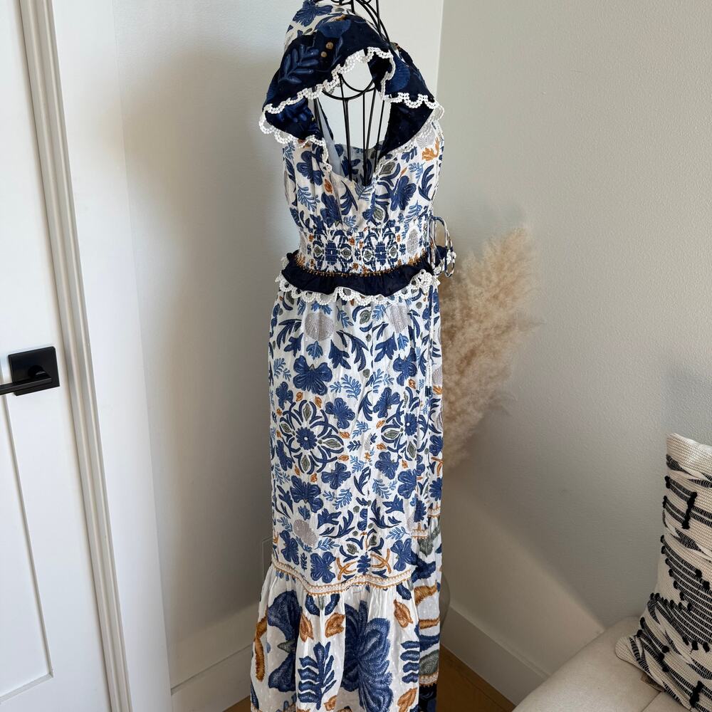 Caroline Constas Blue Floral Tapestry Smocked Ruffle Maxi Dress V-Neck Cottage - Picture 2 of 10